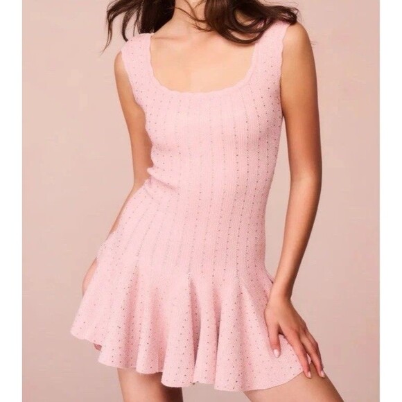 LoveShackFancy Metallic Godet Mini Dress Pink Crystal Knit Womens Size Small New - Picture 1 of 10